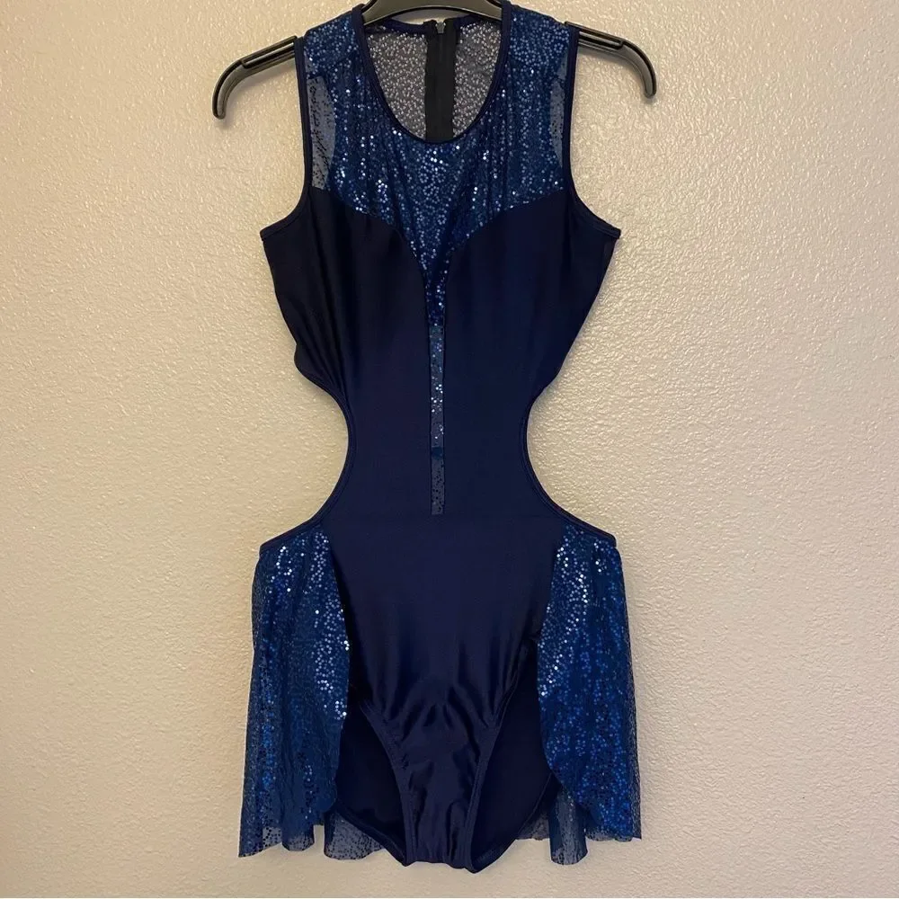 Double platinum dance Costume leotard blue sequin dress N7799P -adult M